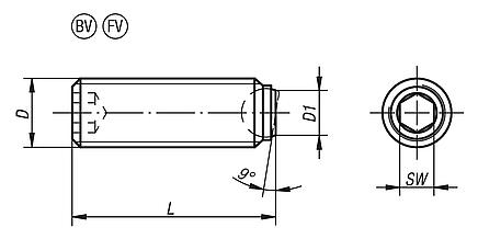 Ball-end thrust screws without head with flattened ball and rotation lock