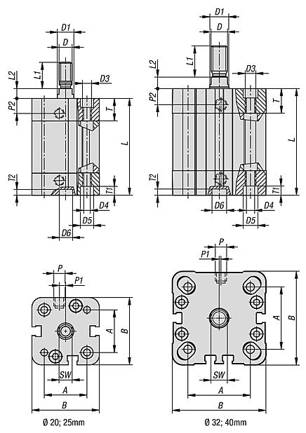 Pneumatic compact cylinders DIN ISO 21287, double-acting with magnetic piston