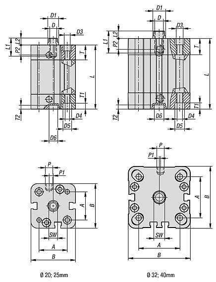 Pneumatic compact cylinders DIN ISO 21287, double-acting with magnetic piston