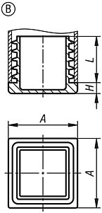 Tube end plugs, plastic for round and square tubes, Form B, square