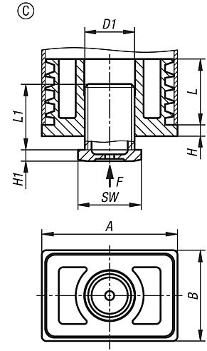 Adjustment plugs, plastic without inserts for round and square tubes, Form C, rectangular