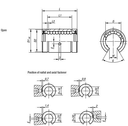 Linear ball bearings with plastic cage, open