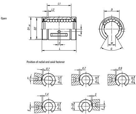 Linear ball bearings with steel cage, open