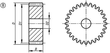 Spur gears stainless steel, module 1.5
toothing milled, straight teeth, engagement angle 20°, Form B without hub