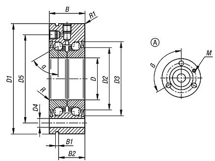 Axial angular contact ball bearing, steel, double row with flange, Form A