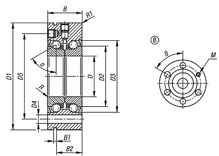 Axial angular contact ball bearing, steel, double row with flange, Form B