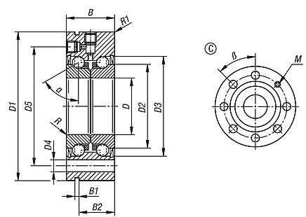 Axial angular contact ball bearing steel, double row with flange, Form C