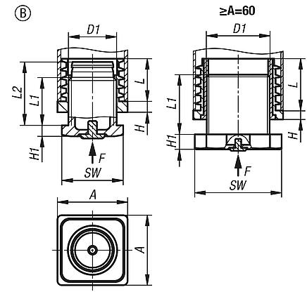 Adjustment plugs, plastic with non-slip inserts for round and square tubes, Form B, square