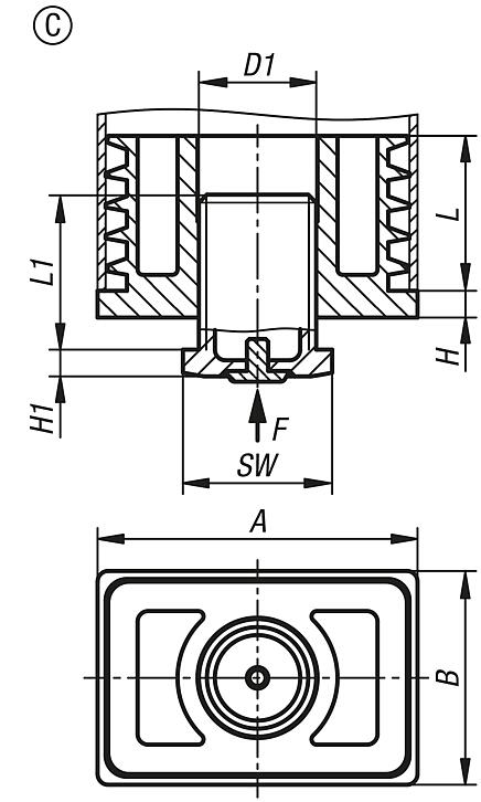 Adjustment plugs, plastic with non-slip inserts for round and square tubes, Form C, rectangular