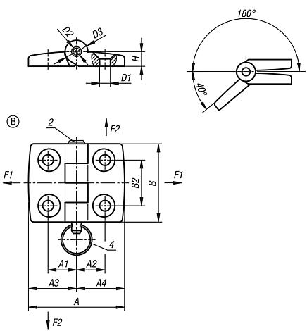 Hinges plastic, separable, dismountable, Form B, with bolt/head and key ring