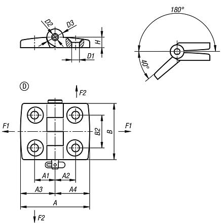 Hinges plastic, separable, dismountable, Form D, with locking pin/folding latch