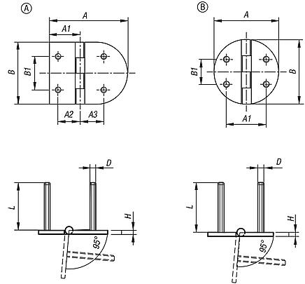 Hinges, stainless steel with fastening screws