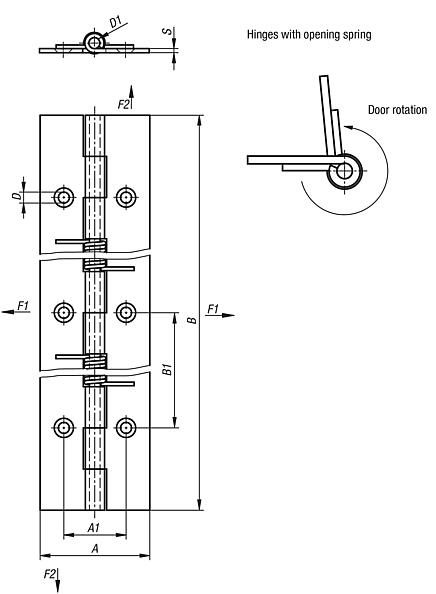 Spring hinges steel or stainless steel, 180 mm, spring open