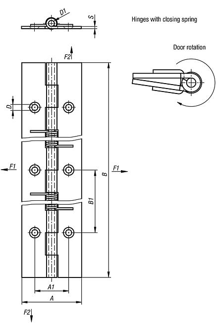 Spring hinges steel or stainless steel, 180 mm, spring closed