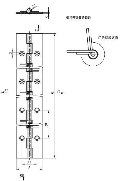 弹簧铰链 钢制和不锈钢制，240 mm, 开启回弹