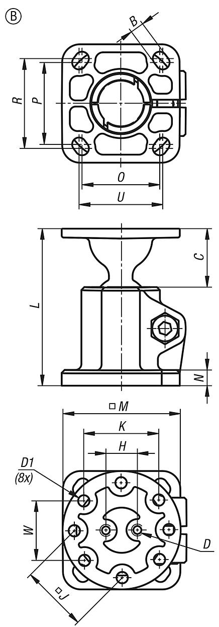 Tube clamps base, aluminum with ball joint, style B