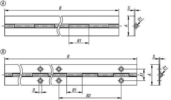 Piano hinges, steel, stainless steel or aluminium