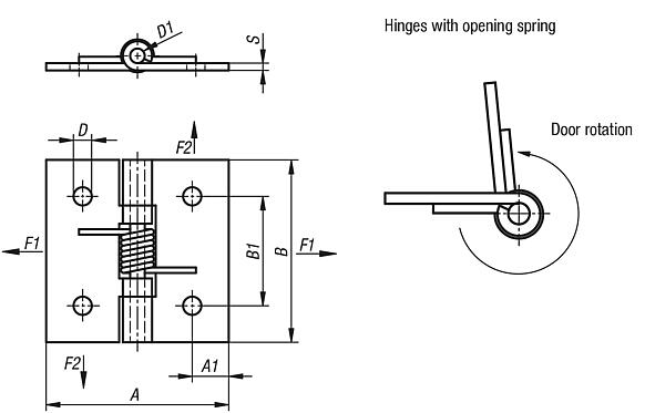 Spring hinges, steel, stainless steel or aluminium, 50 mm, spring open