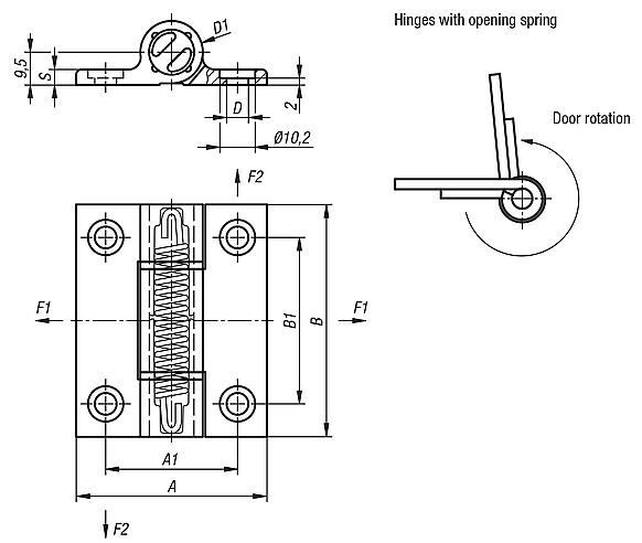 Spring hinges aluminium profile tension spring hinges, 0.7 Nm, spring open