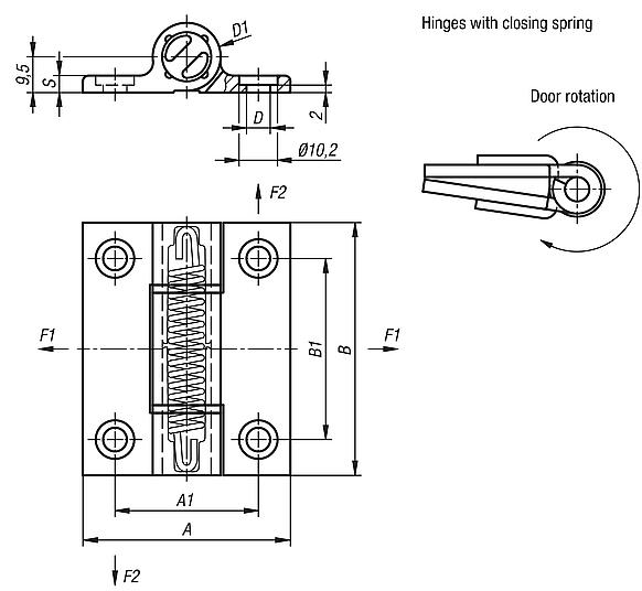 Spring hinges aluminium profile tension spring hinges, 0.7 Nm, spring closed