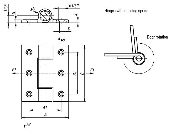 Spring hinges aluminium profile, 3.8 Nm, spring open