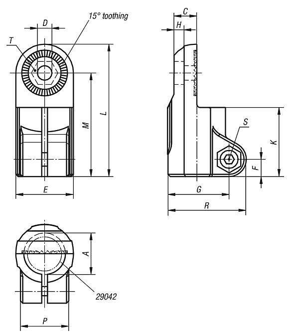 Tube clamps swivel half, sunken teeth, plastic