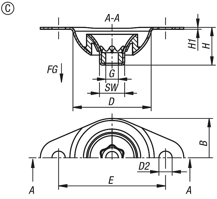 Rubber-metal overhead element, Form C, internal thread