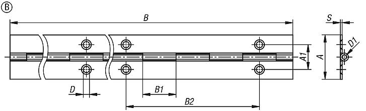 Piano hinges, steel, stainless steel or aluminium, Form B