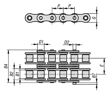 Roller chains duplex DIN ISO 606, curved link plate