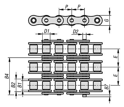 Roller chains triplex DIN ISO 606, curved link plate