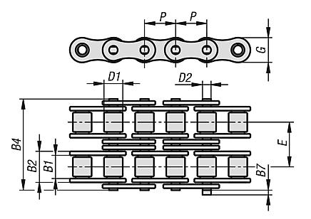 Roller chain duplex, stainless steel DIN ISO 606, curved link plate