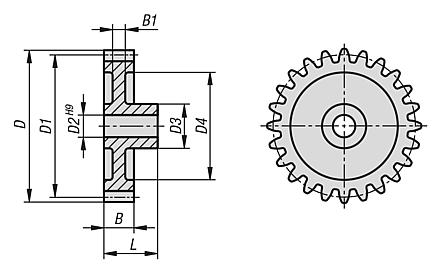 Spur gears, plastic, module 1 injection moulded, straight teeth, engagement angle 20°