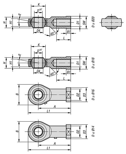 万向接头，带滑动轴承，内螺纹，钢制，DIN ISO 12240-1 可重新润滑