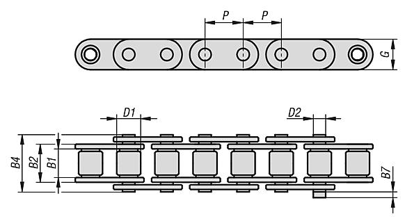 Roller chains single DIN ISO 606, straight link plate