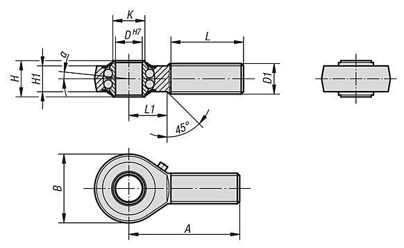 万向接头 带滚珠轴承, 外螺纹 DIN ISO 12240-4