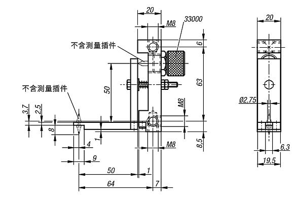 90° 偏转表架，带孔的测头杆