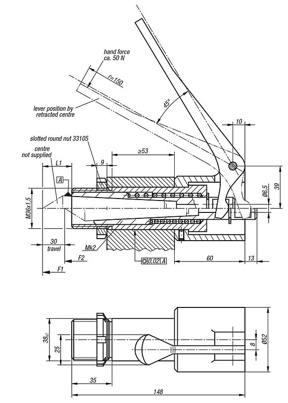 Spring mounted centre sleeves with tension lever