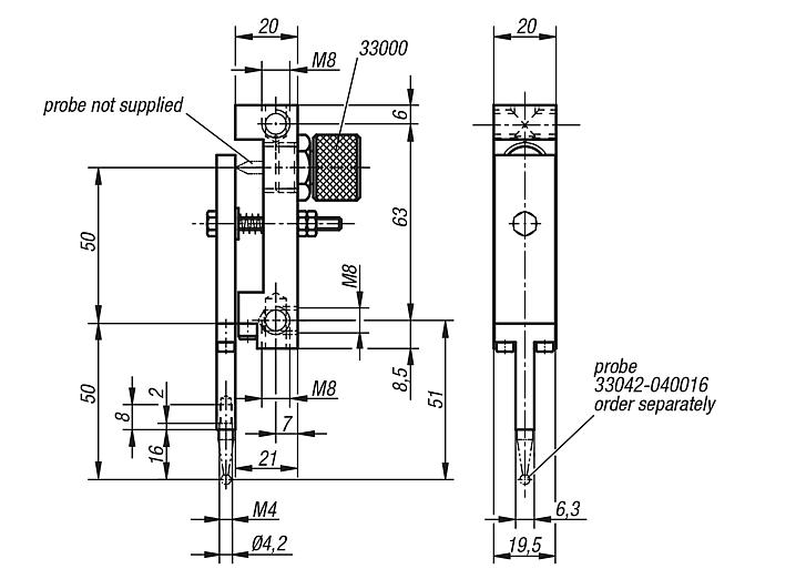 Deflection dial gauge holders 180° probe lever with thread