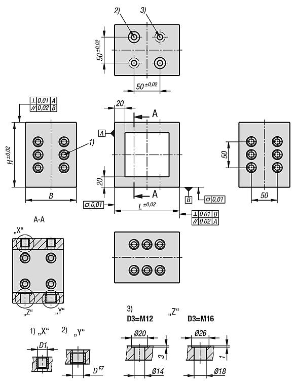 Mini tooling blocks, grey cast iron with grid holes