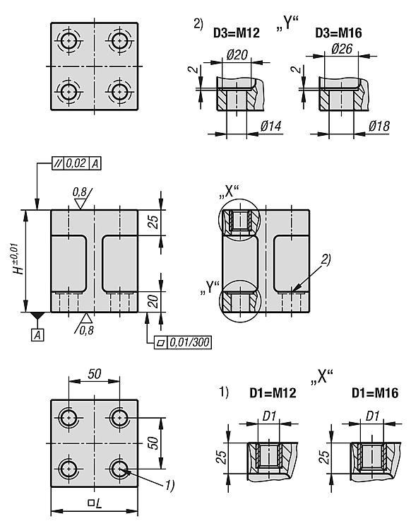 Riser blocks, grey cast iron Form H, short version