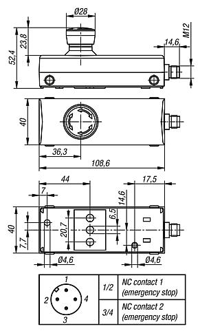 Emergency stop button in Ø 22.3 mm housing "Minibox" connection M12