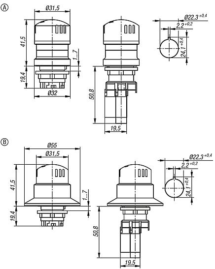 Emergency stop button, fitted version Ø 22.3 mm with contact blocks