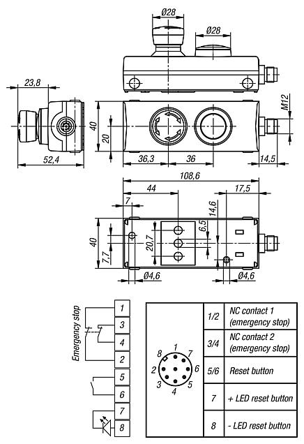 Emergency stop button with push button in Ø 22.3 mm housing "Minibox" connection M12