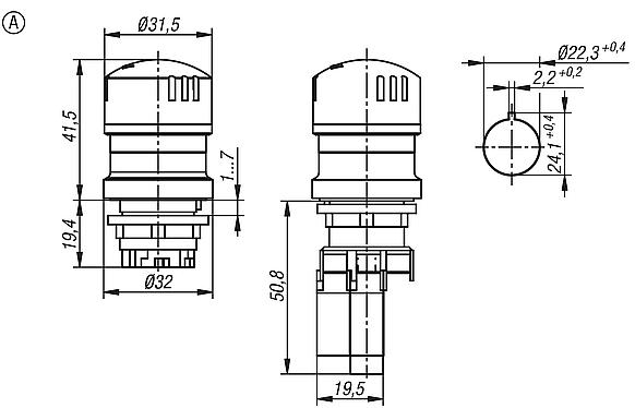 急停按钮，内置款式，Ø 22.3 mm，带触头模块，A 型