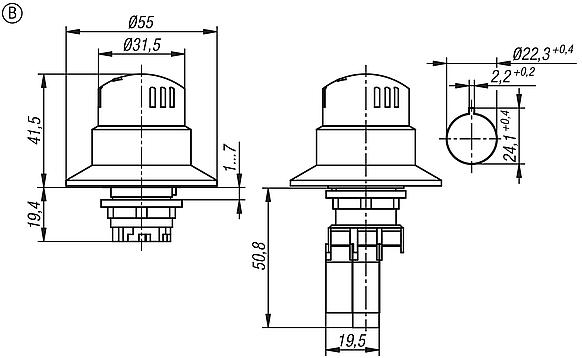 Emergency stop button, fitted version Ø 22.3 mm
with contact blocks, Form B