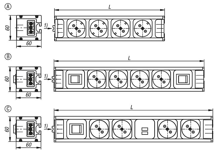 Socket strips in an aluminium housing