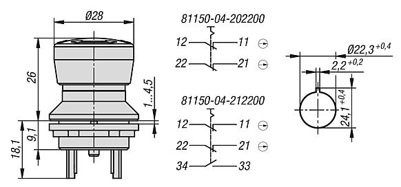 急停按钮，内置款式，Ø 22.3 mm，扁插头接口