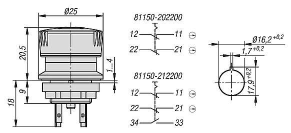 急停按钮，内置款式，Ø 16.2 mm，扁插头接口
