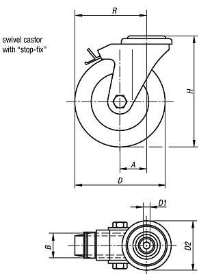 Swivel castors with stop fix