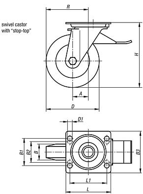 Swivel castors with "stop-top"